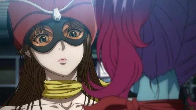 Primer plano de Yucaris, personaje del anime Tanzaburo Higashijima wa Kamen Rider ni Naritai, mostrando su expresión desafiante tras revelarse como luchadora de Shocker.