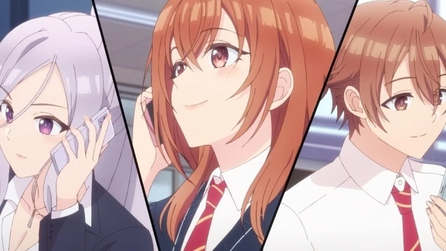 Ayaba, Sumire y Otoma aparecen hablando por teléfono con expresiones decididas y alegres, preparando la fiesta de bienvenida para Mashiro en el episodio 3 de La hermana de mi amiga sólo me molesta a mí.