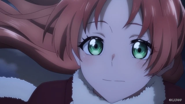 Primer plano de Melfiera mirando con ternura mientras el viento mueve su cabello en el episodio 5 del anime Akushoku Reijou to Kyouketsu Koushaku.