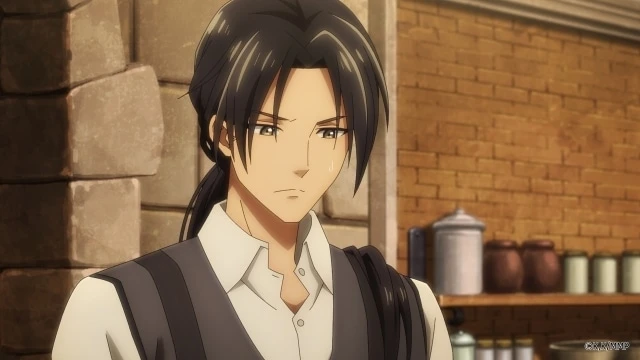 Aristide, el Duque de la Sangre Loca, aparece pensativo en la cocina durante el episodio 5 del anime Akushoku Reijou to Kyouketsu Koushaku.