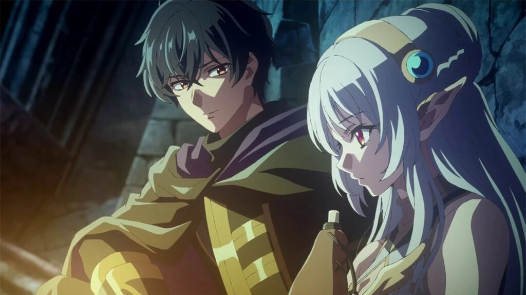 Akira Oda y la elfa Amelia comparten un momento de calma en el laberinto en el episodio 2 de 暗殺者のステータスが勇者よりも強い件, tras enfrentarse a una dura batalla. La escena resalta el vínculo que empieza a formarse entre ambos personajes.