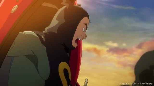 Un miembro de la organización Ganglion grita con desesperación mientras viste un traje oscuro con el número 8 en el pecho, en una escena del anime 『Ganglion』.