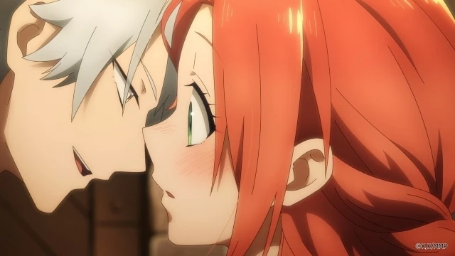 Melfiera y Aristide se miran de cerca en una escena romántica del episodio 5 de Akushoku Reijou to Kyouketsu Koushaku.