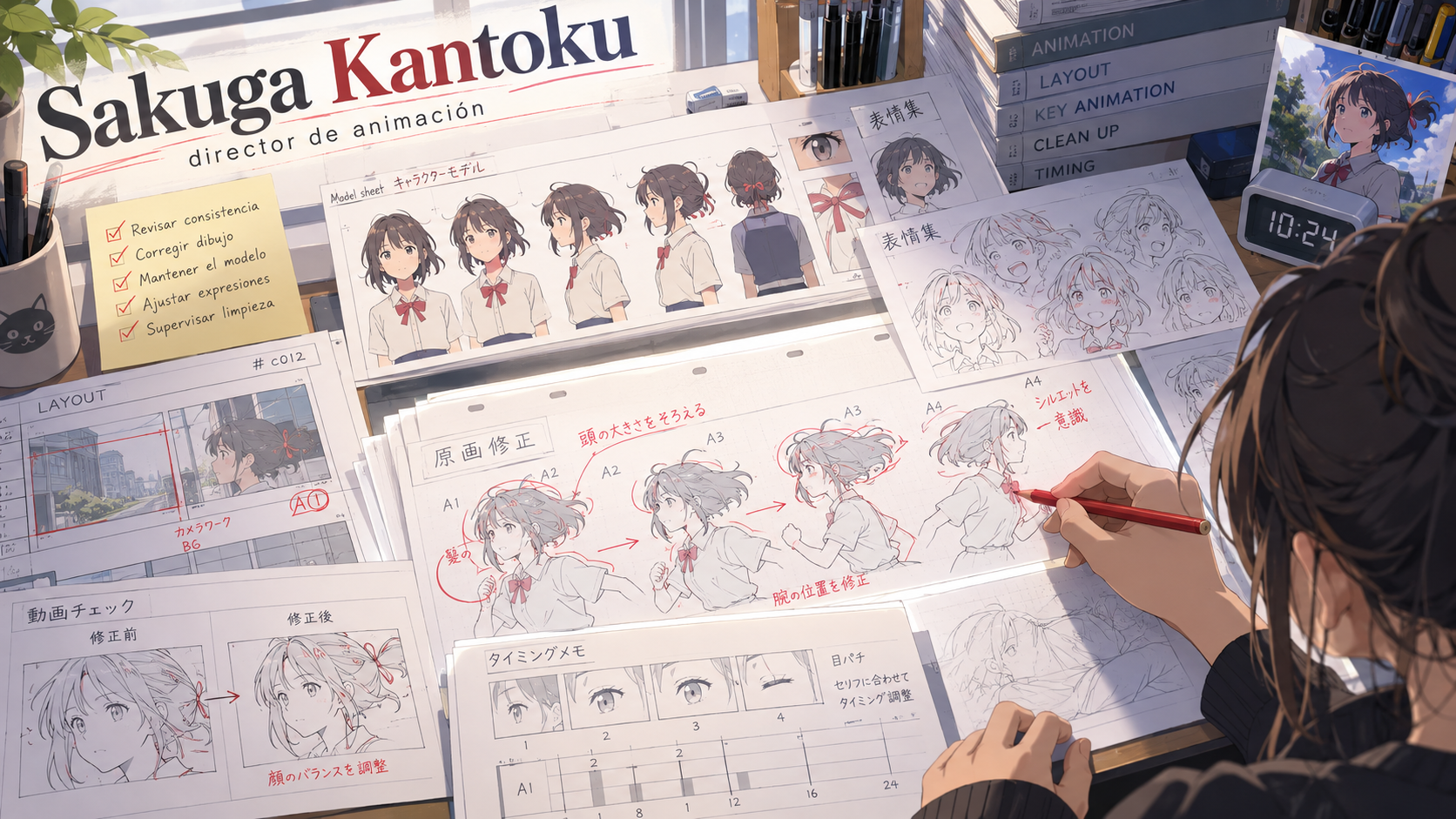 Director de animación revisando y corrigiendo dibujos clave de un personaje de anime con anotaciones en lápiz rojo