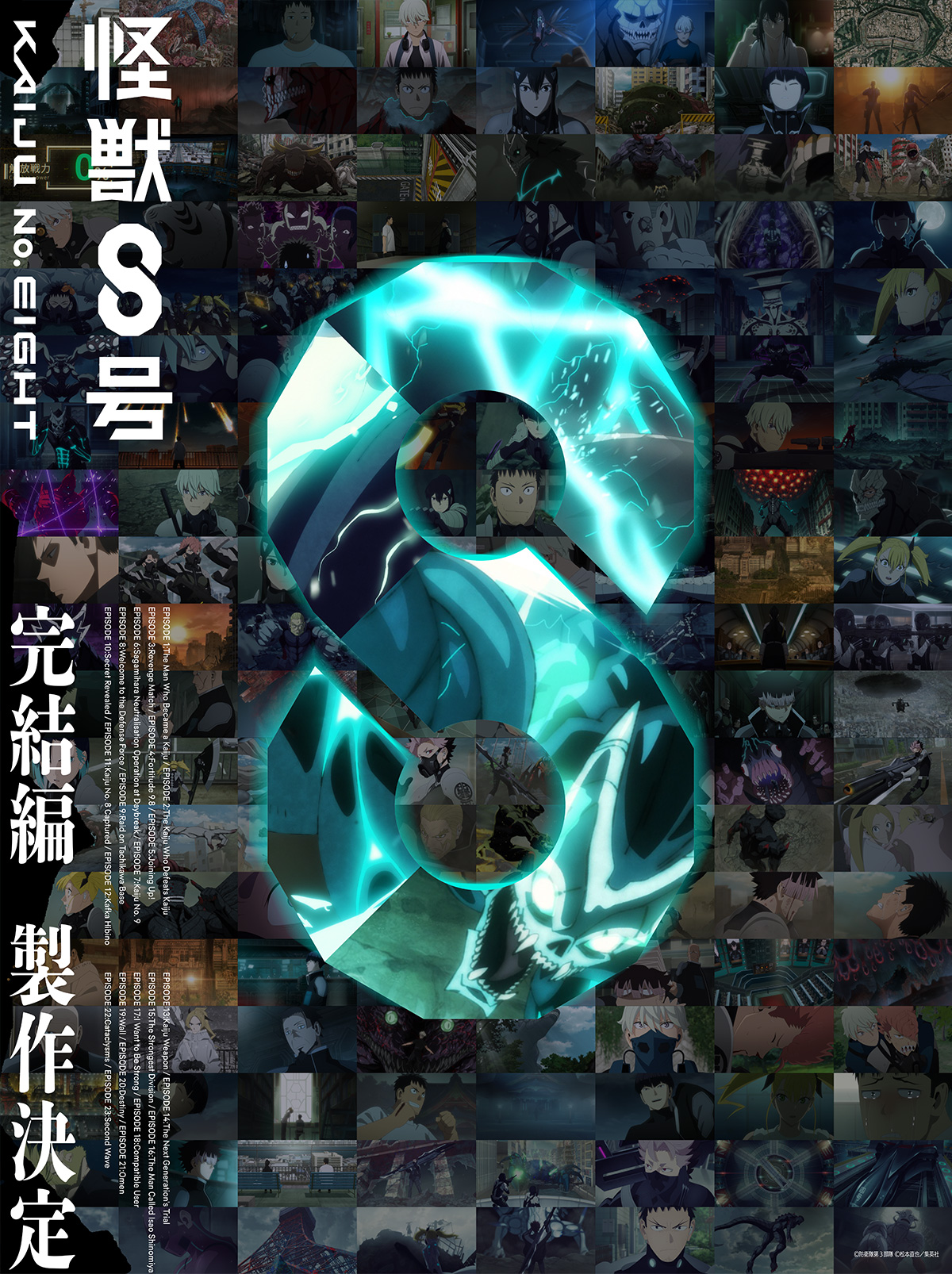 Visual oficial del capítulo final de Kaiju No. 8 con el número 8 y escenas de la serie